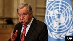 U.N. Secretary-General Antonio Guterres speaks during a press conference in Cairo, Egypt, Oct. 19, 2023, as Palestinians in war-torn Gaza await aid trucks promised in a deal struck by the U.S. 