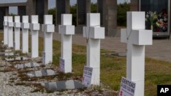 Crosses stand marking the graves of fallen soldiers at the Argentine memorial cemetery containing the remains of Argentine combatants killed during the 1982 war between Argentina and Britain, in Darwin, on Falkland Islands, March 14, 2017.