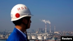 Smoke rises from the chimneys of a thermal power plant as a worker stands on a crane at a shipyard in Shanghai, Nov. 5, 2013. 