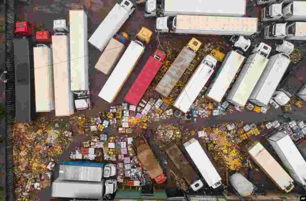 Spoiled fruit and vegetables are strewn across the CEAGESP complex that was flooded by heavy rains in Sao Paulo, Brazil.