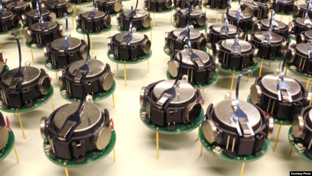 Several kilobots from a swarm of 1,000 simple, but collaborative, robots are seen in this photo from Harvard.