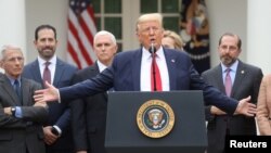 President Donald Trump declared the coronavirus pandemic a national emergency March 13, 2020, in the Rose Garden of the White House.