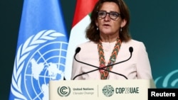 FILE - European Union's Deputy Prime Minister for the Ecological Transition and Demographic Challenge of Spain, Teresa Ribera delivers a statement during the United Nations Climate Change Conference COP28 in Dubai, Dec. 9, 2023. 