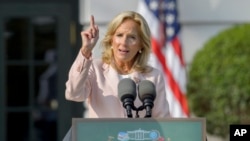 FILE - First Lady Jill Biden speaks on the South Lawn of the White House in Washington, Sept. 21, 2024. 