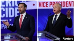 Combination image of Republican vice presidential nominee U.S. Senator JD Vance attending a debate with Democratic vice presidential nominee Minnesota Governor Tim Walz hosted by CBS in New York, October 1, 2024. 