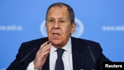 Russia's Foreign Minister Sergei Lavrov speaks during an annual press conference in Moscow, Jan. 14, 2025. 