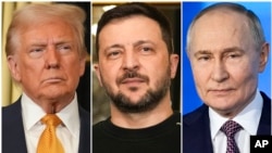 合成资料照片：美国总统唐纳德·特朗普（左）与乌克兰总统弗拉基米尔·泽连斯基（中）于2024年12月7日在巴黎爱丽舍宫亮相；俄罗斯总统弗拉基米尔·普京（右）则于2025年2月21日在俄罗斯莫斯科出席一场技术论坛并发表讲话。
