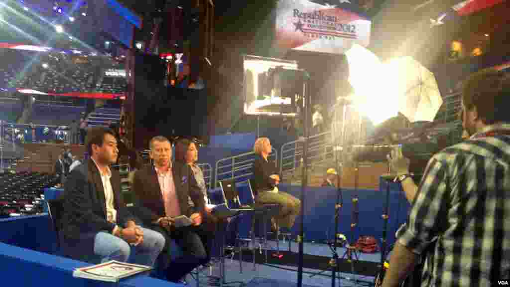 Gilberto Cabrera from the Spanish Service on VOA&#39;s standup platform at the Republican Convention in Tampa as he waits to do a live shot with a VOA affiliate in Latin America.