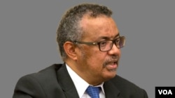 Tedros Adhanom Ghebreyesus headshot, as WHO director-general, graphic element on gray
