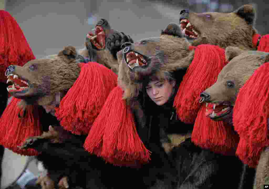 People wearing bear fur costumes dance during the annual bear ritual gathering in Comanesti, Romania.