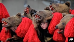 Orang-orang mengenakan kostum beruang dalam ritual tahunan di Comanesti, Rumania, pada 30 Desember 2016. (Foto: AP/Vadim Ghirda)