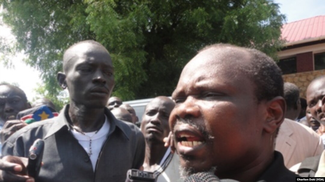 Former SPLM secretary general Pagan Amum speaks to reporters after a South Sudanese judge released him and three others who were detained more than four months ago for allegedly attempting a coup.