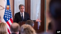 U.S. Secretary of State Antony Blinken gives a joint press conference with Dominican Republic President Luis Abinader (not shown) at the National Palace in Santo Domingo on Sept. 6, 2024.