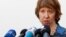 European foreign policy chief Catherine Ashton talks with journalists as she arrives for a Informal Meeting of EU Ministers for Foreign Affairs in Vilnius, Lithuania, Sept. 6, 2013. 