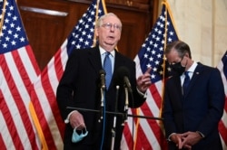 FILE - Senate Majority Leader Mitch McConnell, R-Ky., speaks after the Senate Republican GOP leadership election on Capitol Hill in Washington, Nov. 10, 2020.