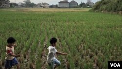 Dua orang anak melintasi sawah di kawasan Rancasari, Bandung, sementara apartemen nampak di kejauhan. Jawa Barat dinilai memiliki potensi yang besar sehingga jadi tujuan investasi. (Foto: Rio Tuasikal/VOA)