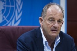David Shearer, Special Representative of the Secretary-General speaks at a press conference on June 29, 2018 in Juba, South Sudan, on the peace process in the country.