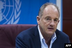 David Shearer, Special Representative of the Secretary-General speaks at a press conference on June 29, 2018 in Juba, South Sudan, on the peace process in the country.