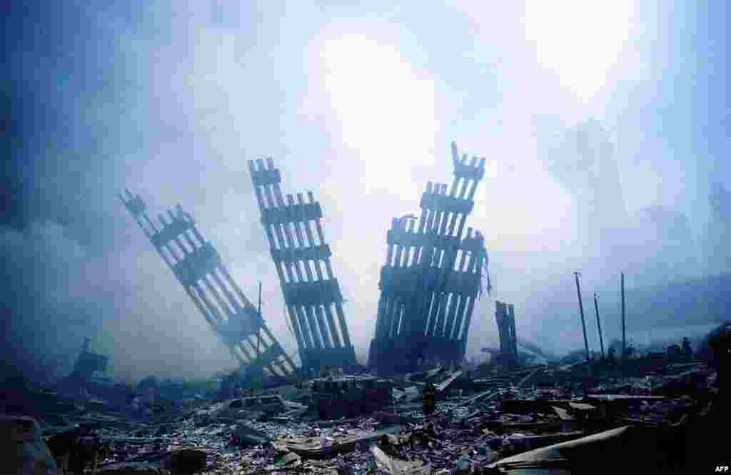 The rubble of the World Trade Center smoulders following a terrorist attack.