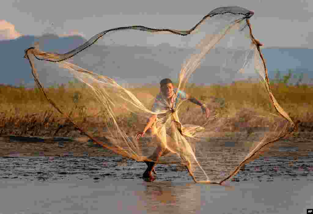 August 30: An Indian villager throws a fishing net into the River Brahmaputra at Suwalkuchi, India.  (AP Photo/ Anupam Nath)