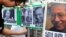 A protester affixes pictures of Chinese writer Mo Yan (L) and Chinese dissident Liu Xiaobo (R) to a gate during a demonstration in front of the Chinese liaison offices demanding the release of Chinese Liu in Hong Kong on October 13, 2012. China's Nobel P