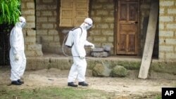 A healthcare worker in protective gear sprays disinfectant around the house of a person suspected to have Ebola virus in Port Loko Community, situated on the outskirts of Freetown, Sierra Leone, Oct. 21, 2014. 