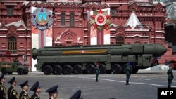 FILE - Russian army RS-24 Yars ballistic missile system moves through Red Square during a military parade, marking the 75th anniversary of the Soviet victory over Nazi Germany in World War II, in Moscow on June 24, 2020. 