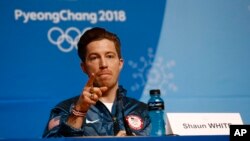 Men's halfpipe gold medalist Shaun White, of the United States, speaks at a news conference at the 2018 Winter Olympics in Pyeongchang, South Korea, Wednesday, Feb. 14, 2018. 