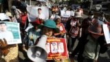 Supporters of three land rights activists protest in the Cambodian capital Phnom Penh, on May 22, 2023, to demand their release from pre-trial detention. 