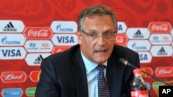 FIFA Secretary General Jerome Valcke speaks to the media during a news conference in Samara, Russia, June 10, 2015.