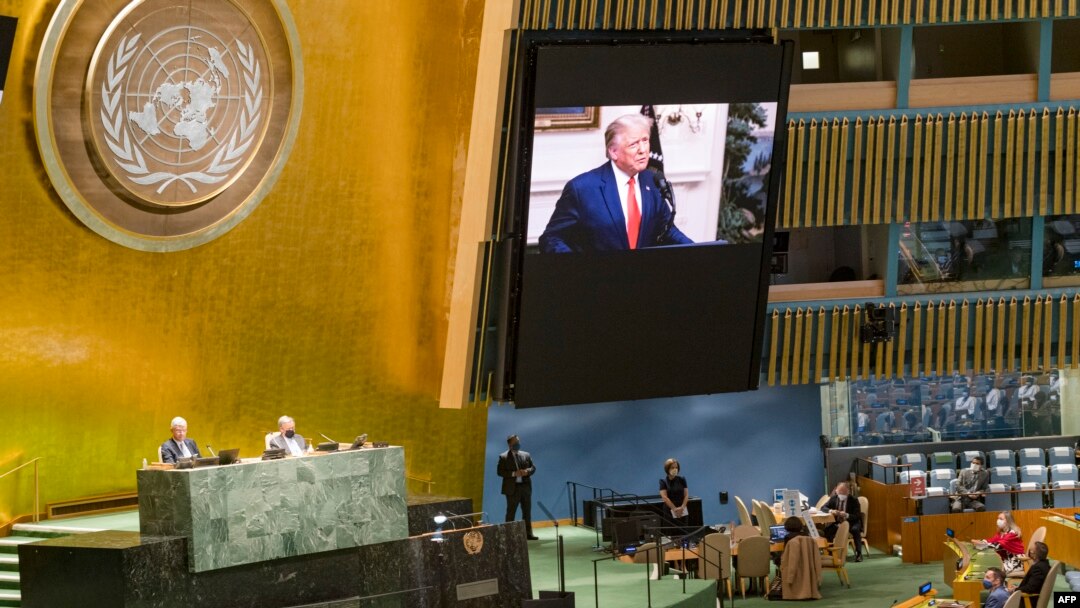 This UN handout photo shows US President Donald Trump(on screen), as he addresses the general debate of the seventy-fifth session of the United Nations General Assembly, on September 22, 2020 at the UN in New York.