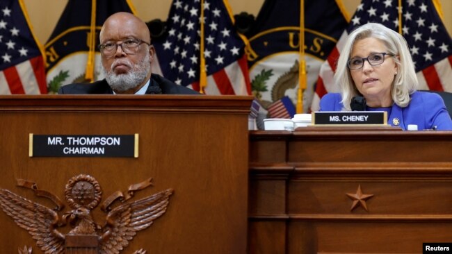 Committee Chairman Bennie Thompson (D-MS) and Committee Vice Chair U.S. Representative Liz Cheney (R-WY) look on during the public hearing on Capitol Hill in Washington, U.S., June 9, 2022. (REUTERS/Jonathan Ernst)
