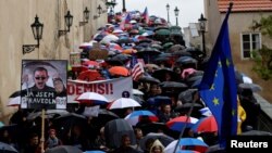 Demonstrators march during a protest rally demanding the resignation of Czech Prime Minister Andrej Babis in Prague, Czech Republic, April 29, 2019.