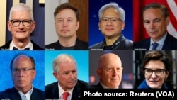 (上排左起)苹果首席执行官库克，特斯拉与SpaceX首席执行官马斯克，英伟达首席执行官黄仁勋，波音奥特伯格，(下排左起)贝莱德首席执行官芬克，黑石集团首席执行官苏世民，高盛首席执行官所罗门和花旗集团首席执行官弗雷泽是随特朗普总统访华的美国大企业高管。