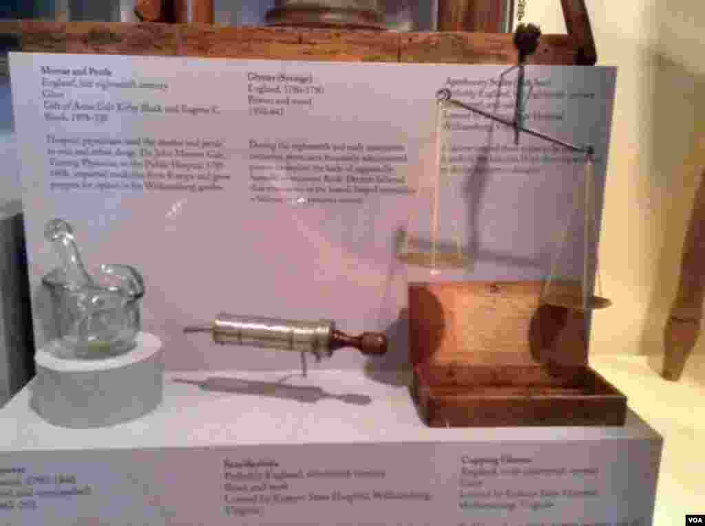 The mortar and pestle (left) were used to mix and refine drugs, the syringe (center) was used to administer laxatives to rid the body of harmful or excessive fluids. Doctors carried the scales (right) as they made rounds so that they could weigh the correct dosage of medicine.&nbsp; 