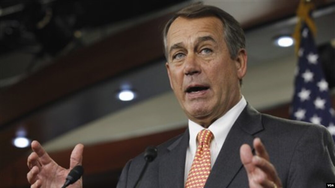 Ketua DPR AS dari Partai Republik, John Boehner dalam konferensi pers di Gedung Kongres (17/2).