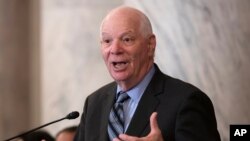 Sen. Ben Cardin, D-Md., holds a briefing on Capitol Hill in Washington, July 31, 2019. 