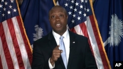 Sen. Tim Scott delivers the Republican response to President Joe Biden's speech to a joint session of Congress, April 28, 2021, in Washington.