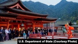 The Group of Seven foreign ministers tour the Itsukishima Shrine off Hiroshima, Japan, amid the G-7 Ministerial Meetings, April 10, 2016.