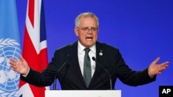 Perdana Menteri Australia Scott Morrison menyampaikan sambutan pada KTT Iklim (COP 26) di SECC, Glasgow Skotlandia, 1 November 2021. (.(Ian Forsyth/Pool Photo via AP)