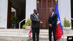 (FILE) Haitian Prime Minister Garry Conille, left, and U.S. Secretary of State Antony Blinken speak to the press at the U.S. Chief of Mission Residence in Port-au-Prince, Haiti, Thursday, Sept. 5, 2024.