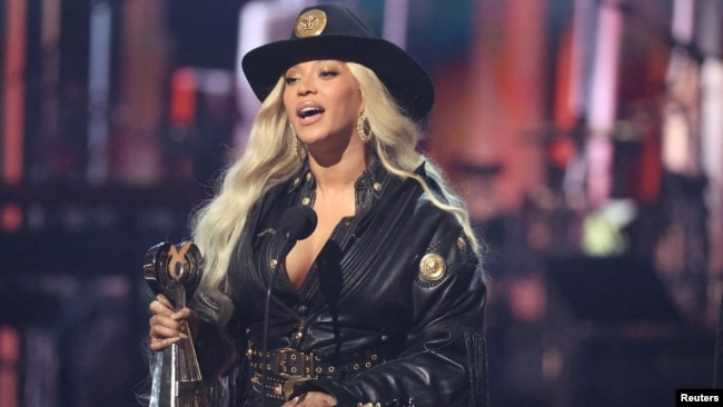 FILE - Beyonce accepts the Innovator award during the iHeartRadio Music Awards at Dolby Theatre in Los Angeles, April 1, 2024.