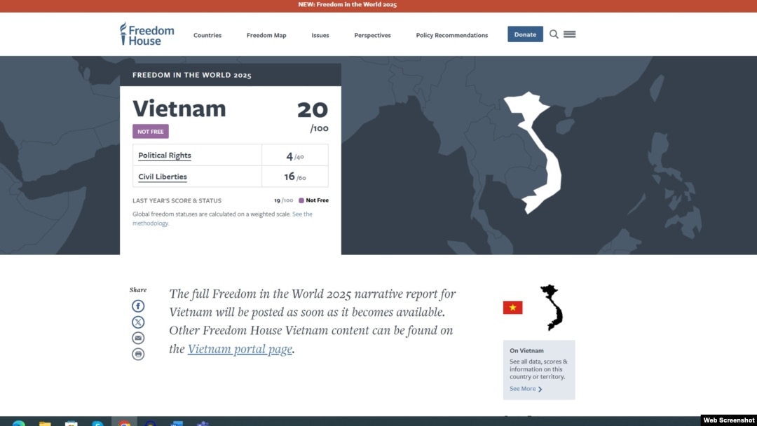 Freedom House tiếp tục liệt Việt Nam vào danh sách 'không có tự do' năm 2025. Photo Freedom House.