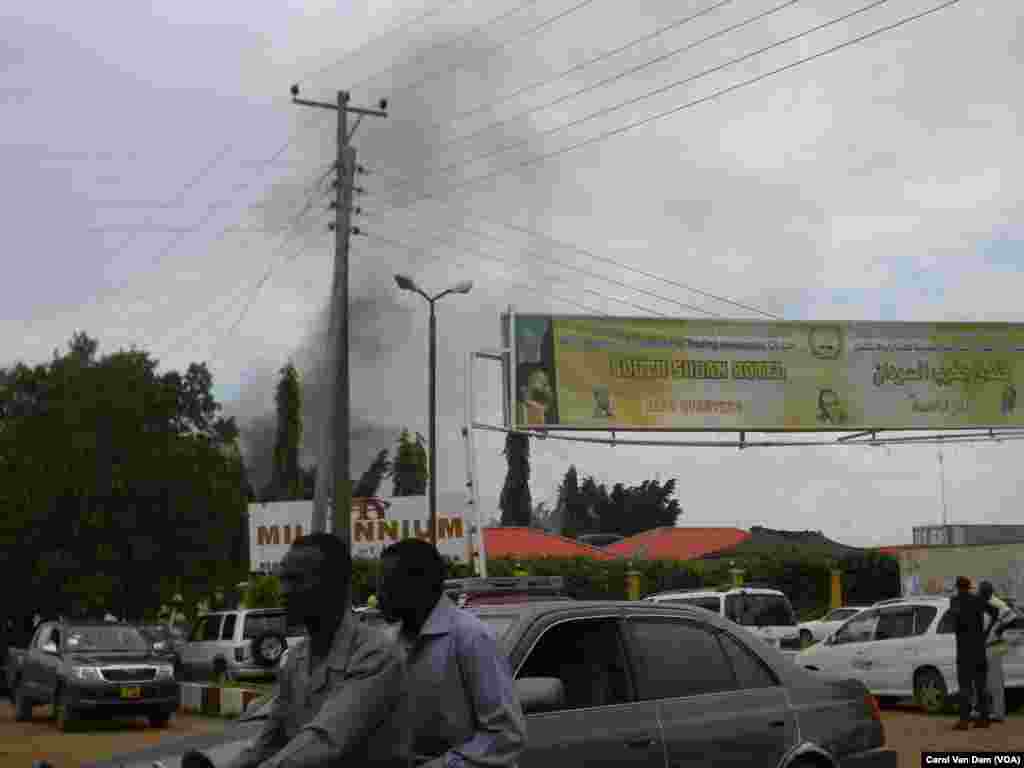 Black smoke from the fire at the South Sudan Hotel, which was gutted by flames on Wednesday, Oct. 2, 2013, could be seen across Juba. 