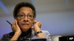 Margarette May Macaulay, president of the Inter-American Commission on Human Rights, listens to a question during a press conference, in Rio de Janeiro, Brazil, Nov. 12, 2018. 