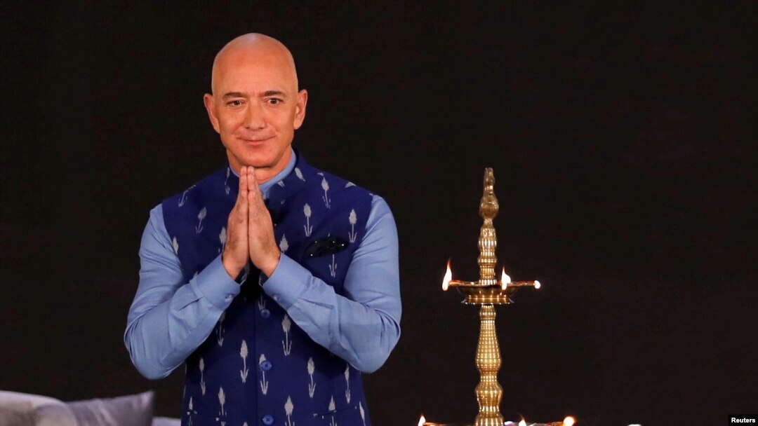 Jeff Bezos, founder of Amazon, attends a company event in New Delhi, India, Jan. 15, 2020.