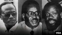 Holden Roberto, presidente da FNLA, Agostinho Neto, presidente do MPLA, e Jonas Savimbi, presidente da UNITA