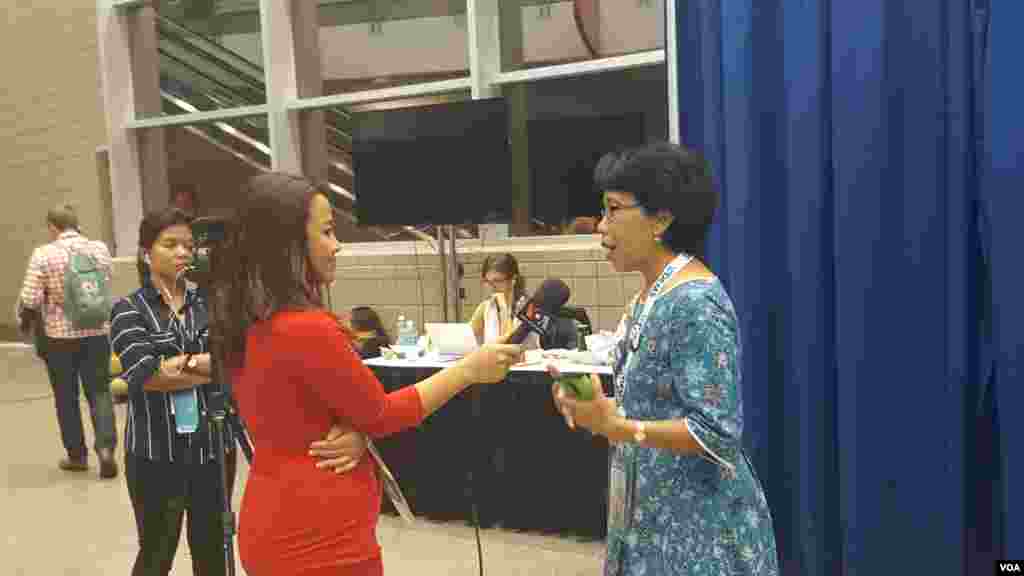 VOA Indonesian's Patsy Widakuswara interviewing Indonesian American Democrat Dewita Suhardjono during the Democratic National Convention in Philadelphia
