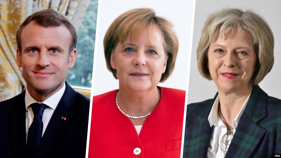 Presiden Perancis Emmanuel Macron (kiri), Kanselir Jerman Angela Merkel (tengah) dan Perdana Menteri Inggris Theresa May. (Foto: kompilasi/dok).