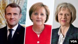 Presiden Perancis Emmanuel Macron (kiri), Kanselir Jerman Angela Merkel (tengah) dan Perdana Menteri Inggris Theresa May. (Foto: kompilasi/dok).